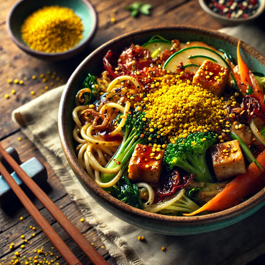 How does the floral flavor of bee pollen complement the savory flavors in Asian dishes?